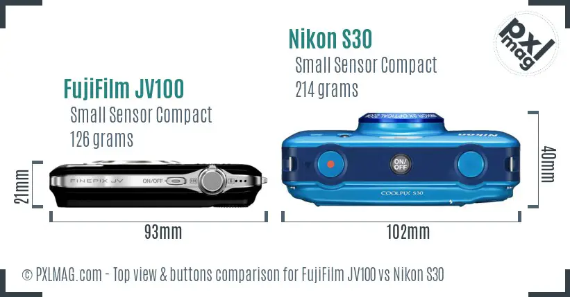 FujiFilm JV100 vs Nikon S30 top view buttons comparison FujiFilm JV100 vs Nikon S30 top view buttons comparison
