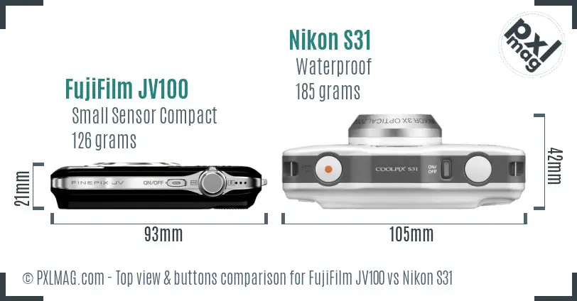 FujiFilm JV100 vs Nikon S31 top view buttons comparison