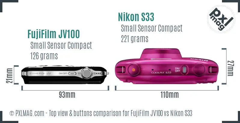 FujiFilm JV100 vs Nikon S33 top view buttons comparison