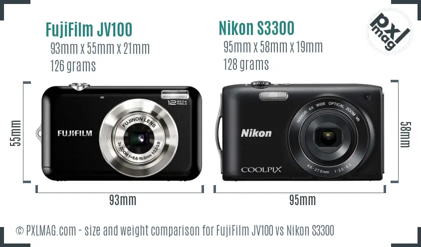 FujiFilm JV100 vs Nikon S3300 size comparison FujiFilm JV100 vs Nikon S3300 size comparison