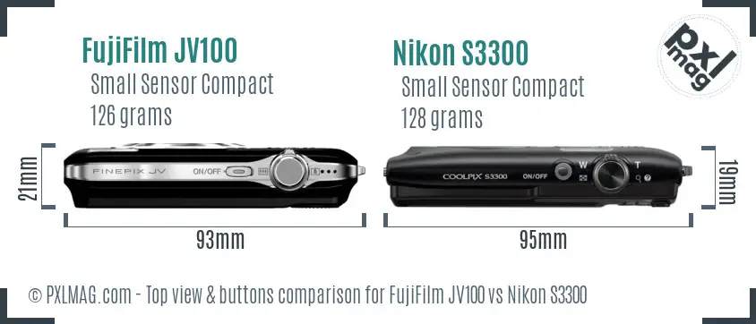 FujiFilm JV100 vs Nikon S3300 top view buttons comparison FujiFilm JV100 vs Nikon S3300 top view buttons comparison