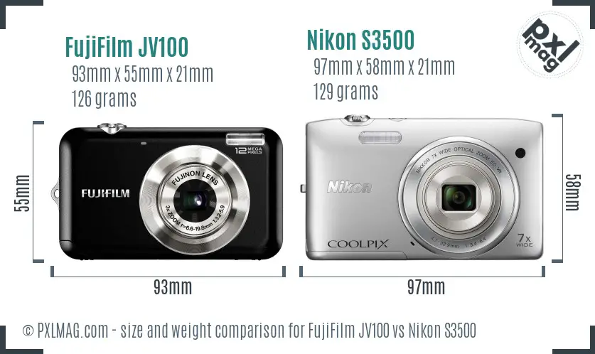 FujiFilm JV100 vs Nikon S3500 size comparison FujiFilm JV100 vs Nikon S3500 size comparison