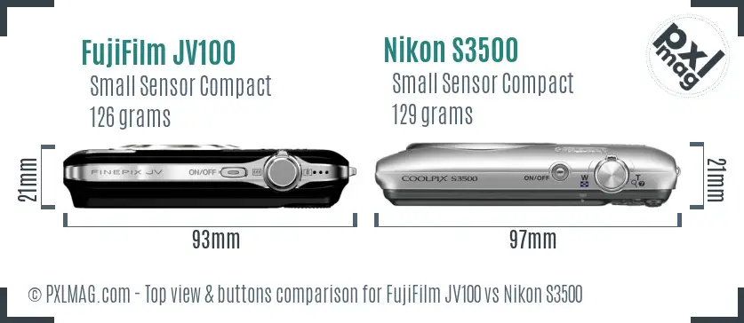 FujiFilm JV100 vs Nikon S3500 top view buttons comparison FujiFilm JV100 vs Nikon S3500 top view buttons comparison