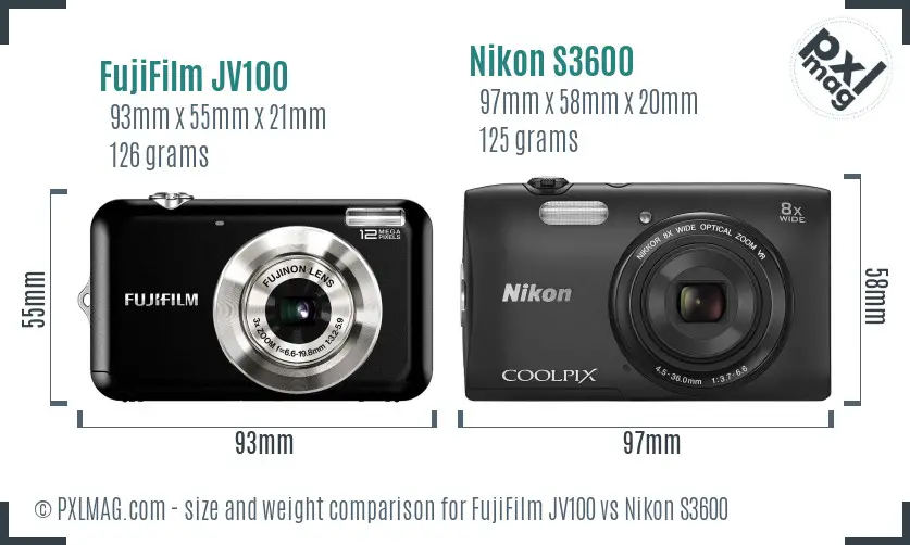 FujiFilm JV100 vs Nikon S3600 size comparison