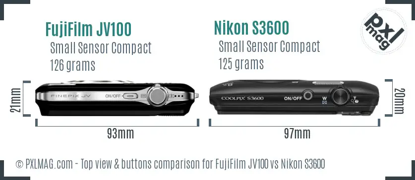 FujiFilm JV100 vs Nikon S3600 top view buttons comparison
