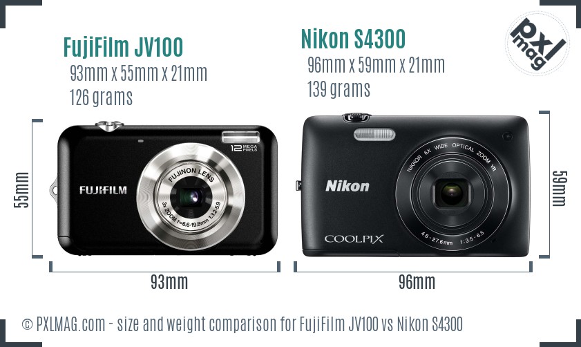FujiFilm JV100 vs Nikon S4300 size comparison FujiFilm JV100 vs Nikon S4300 size comparison