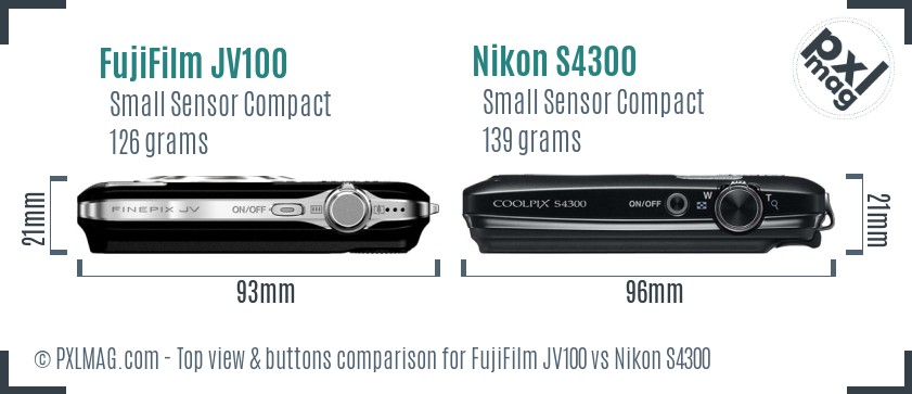 FujiFilm JV100 vs Nikon S4300 top view buttons comparison