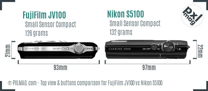 FujiFilm JV100 vs Nikon S5100 top view buttons comparison