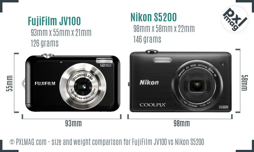 FujiFilm JV100 vs Nikon S5200 size comparison