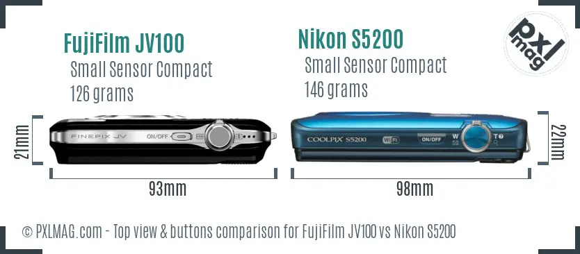 FujiFilm JV100 vs Nikon S5200 top view buttons comparison