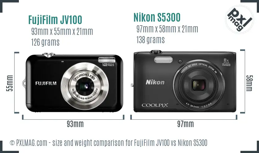 FujiFilm JV100 vs Nikon S5300 size comparison