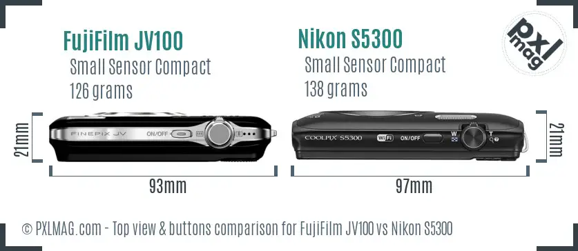 FujiFilm JV100 vs Nikon S5300 top view buttons comparison