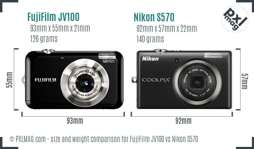 FujiFilm JV100 vs Nikon S570 size comparison