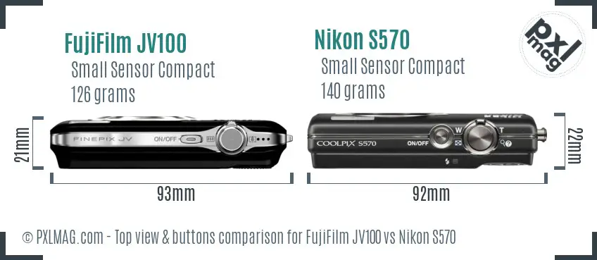 FujiFilm JV100 vs Nikon S570 top view buttons comparison