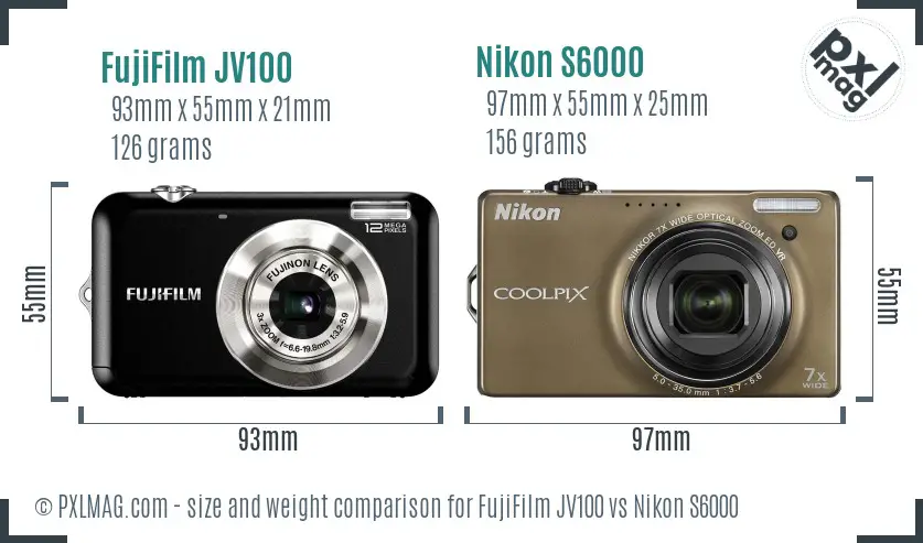 FujiFilm JV100 vs Nikon S6000 size comparison