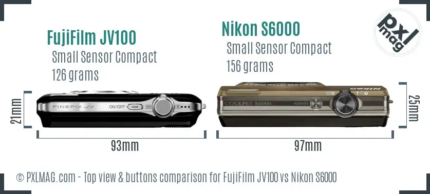 FujiFilm JV100 vs Nikon S6000 top view buttons comparison