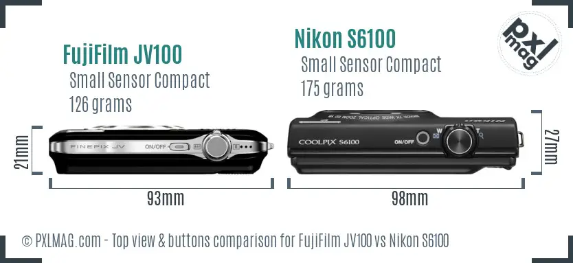 FujiFilm JV100 vs Nikon S6100 top view buttons comparison