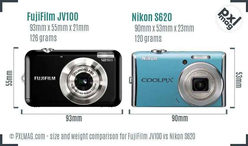 FujiFilm JV100 vs Nikon S620 size comparison