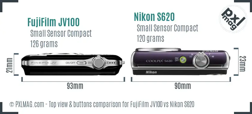 FujiFilm JV100 vs Nikon S620 top view buttons comparison