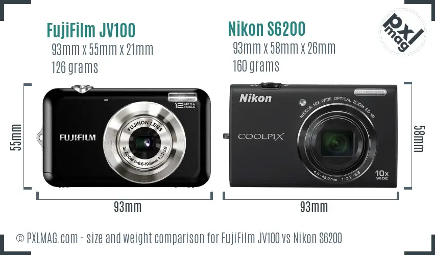 FujiFilm JV100 vs Nikon S6200 size comparison FujiFilm JV100 vs Nikon S6200 size comparison