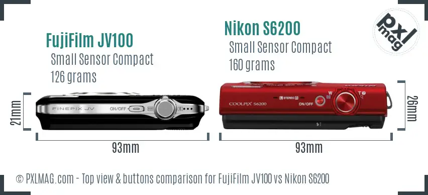 FujiFilm JV100 vs Nikon S6200 top view buttons comparison