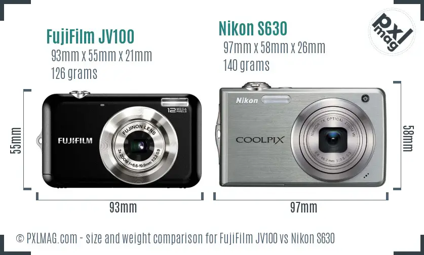 FujiFilm JV100 vs Nikon S630 size comparison