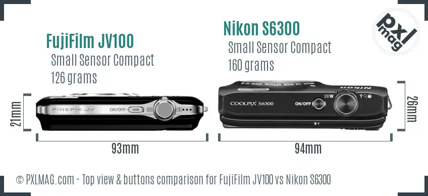 FujiFilm JV100 vs Nikon S6300 top view buttons comparison