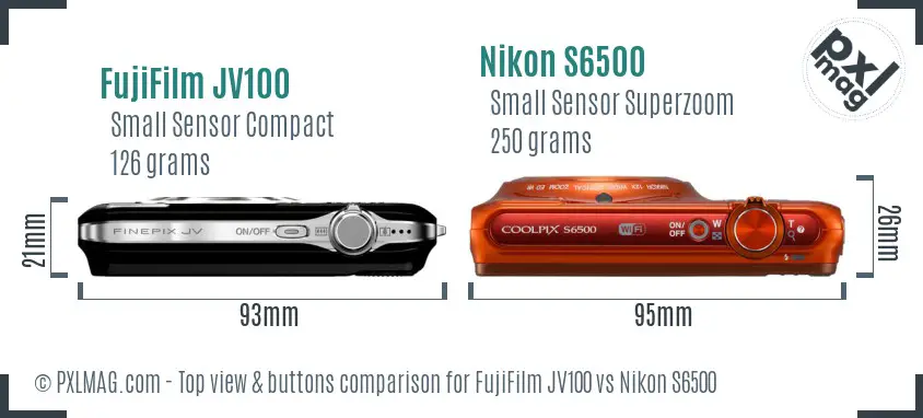 FujiFilm JV100 vs Nikon S6500 top view buttons comparison