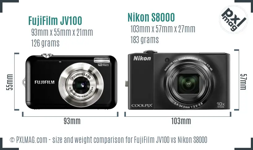 FujiFilm JV100 vs Nikon S8000 size comparison FujiFilm JV100 vs Nikon S8000 size comparison
