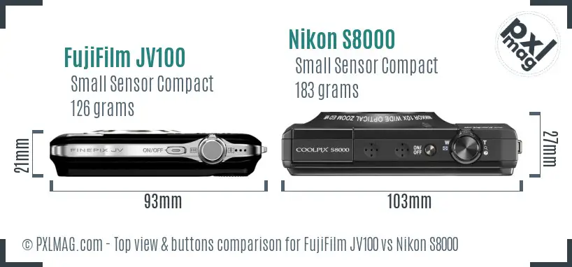 FujiFilm JV100 vs Nikon S8000 top view buttons comparison