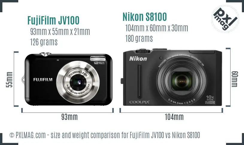 FujiFilm JV100 vs Nikon S8100 size comparison FujiFilm JV100 vs Nikon S8100 size comparison