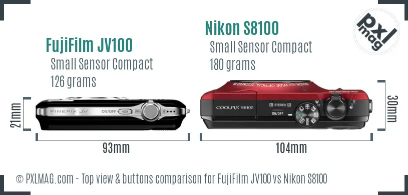 FujiFilm JV100 vs Nikon S8100 top view buttons comparison FujiFilm JV100 vs Nikon S8100 top view buttons comparison