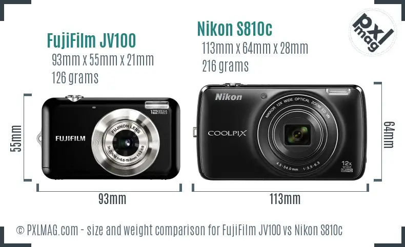 FujiFilm JV100 vs Nikon S810c size comparison
