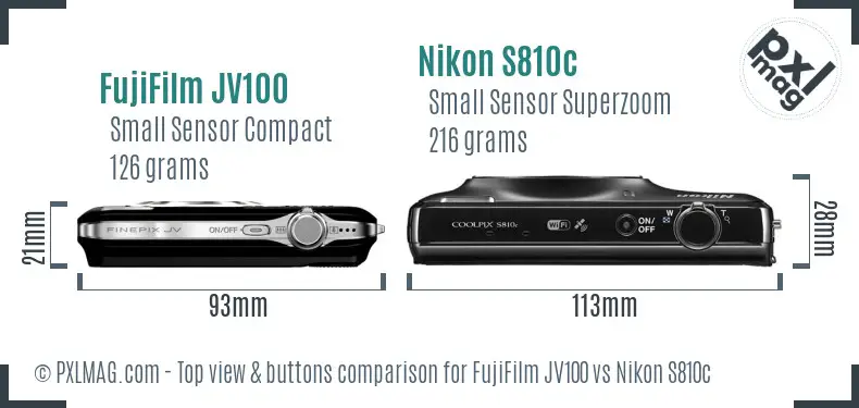 FujiFilm JV100 vs Nikon S810c top view buttons comparison