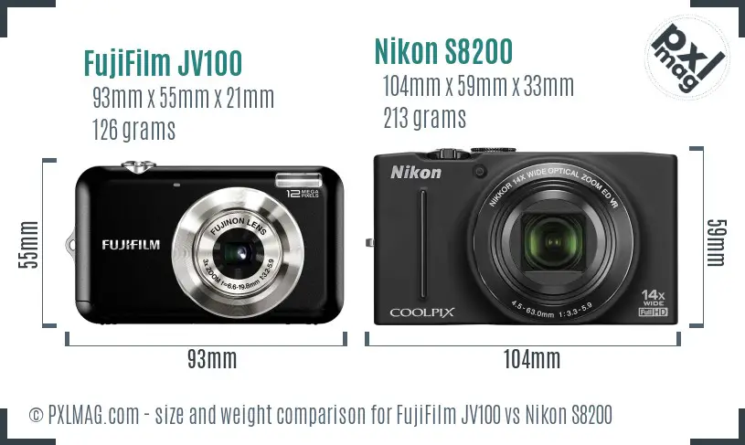 FujiFilm JV100 vs Nikon S8200 size comparison