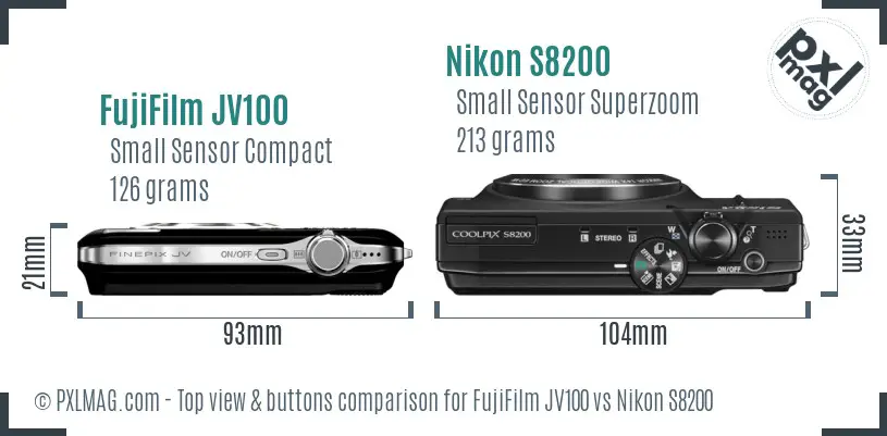 FujiFilm JV100 vs Nikon S8200 top view buttons comparison