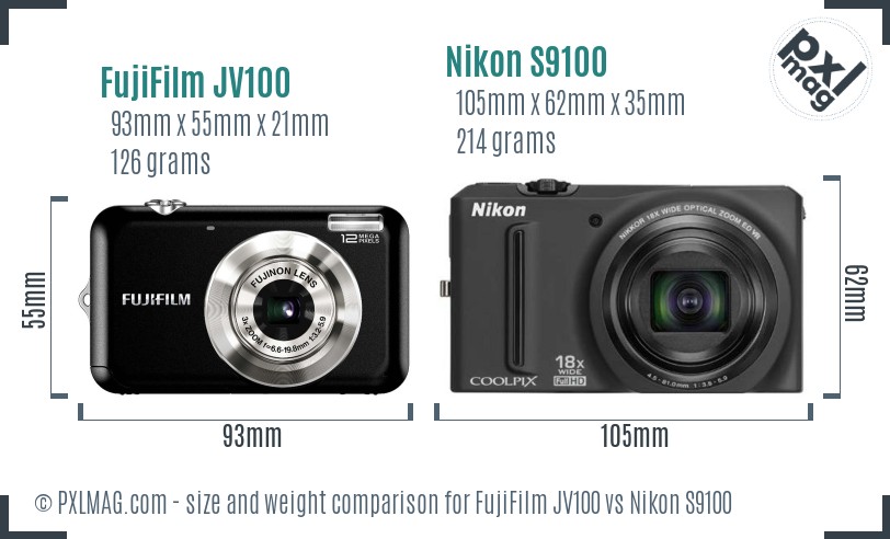FujiFilm JV100 vs Nikon S9100 size comparison