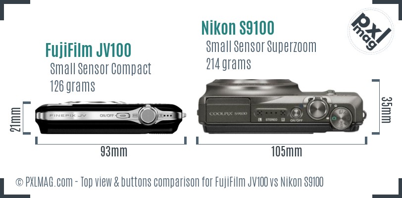 FujiFilm JV100 vs Nikon S9100 top view buttons comparison