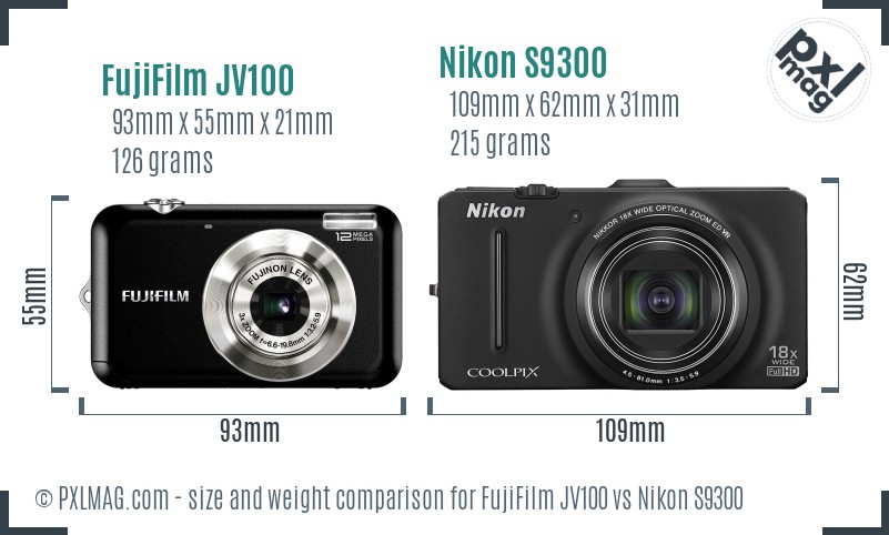 FujiFilm JV100 vs Nikon S9300 size comparison