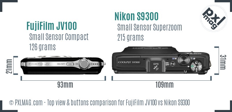 FujiFilm JV100 vs Nikon S9300 top view buttons comparison