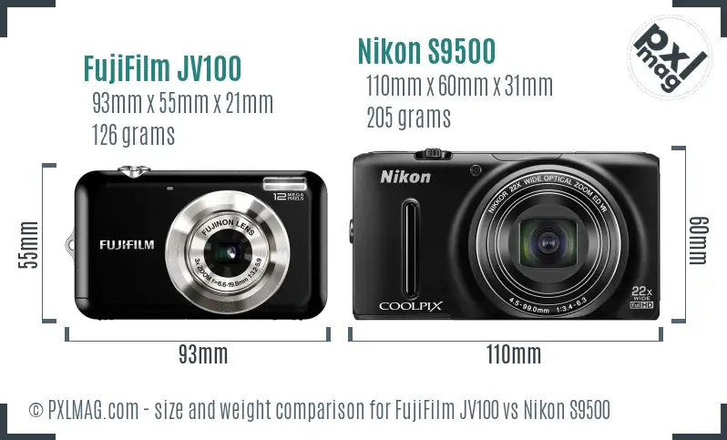 FujiFilm JV100 vs Nikon S9500 size comparison FujiFilm JV100 vs Nikon S9500 size comparison