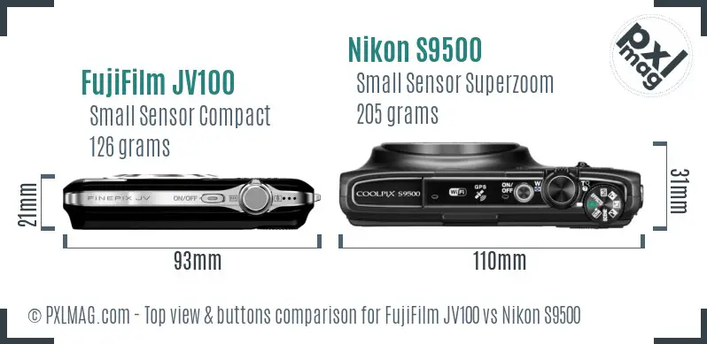 FujiFilm JV100 vs Nikon S9500 top view buttons comparison FujiFilm JV100 vs Nikon S9500 top view buttons comparison