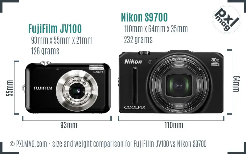 FujiFilm JV100 vs Nikon S9700 size comparison