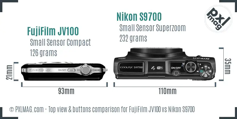 FujiFilm JV100 vs Nikon S9700 top view buttons comparison