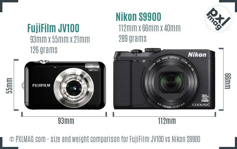 FujiFilm JV100 vs Nikon S9900 size comparison