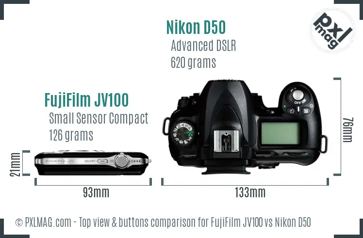 FujiFilm JV100 vs Nikon D50 top view buttons comparison