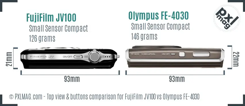 FujiFilm JV100 vs Olympus FE-4030 top view buttons comparison