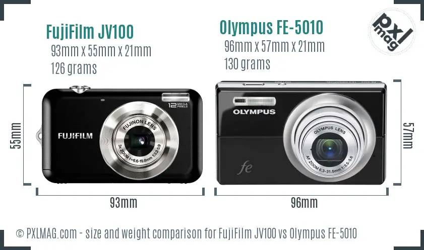 FujiFilm JV100 vs Olympus FE-5010 size comparison FujiFilm JV100 vs Olympus FE-5010 size comparison