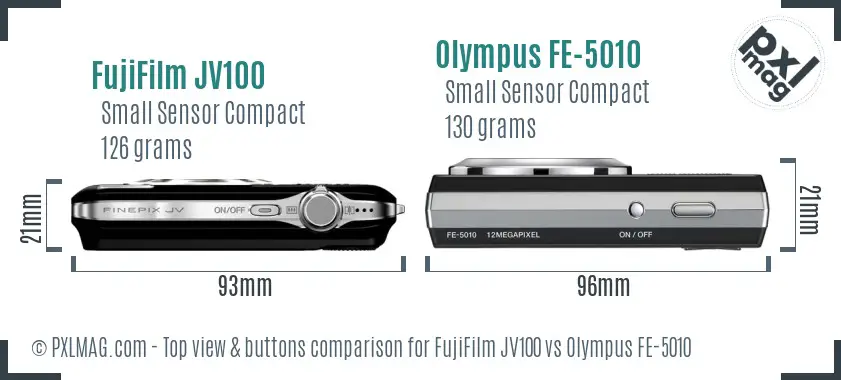 FujiFilm JV100 vs Olympus FE-5010 top view buttons comparison FujiFilm JV100 vs Olympus FE-5010 top view buttons comparison