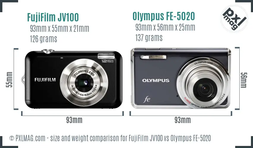 FujiFilm JV100 vs Olympus FE-5020 size comparison FujiFilm JV100 vs Olympus FE-5020 size comparison
